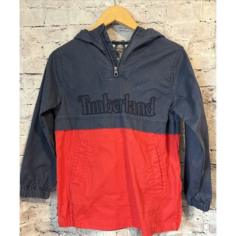 Timberland Boys Kids Jacket Pullover Hooded Red Blue Quarter Zip M 10-12‎